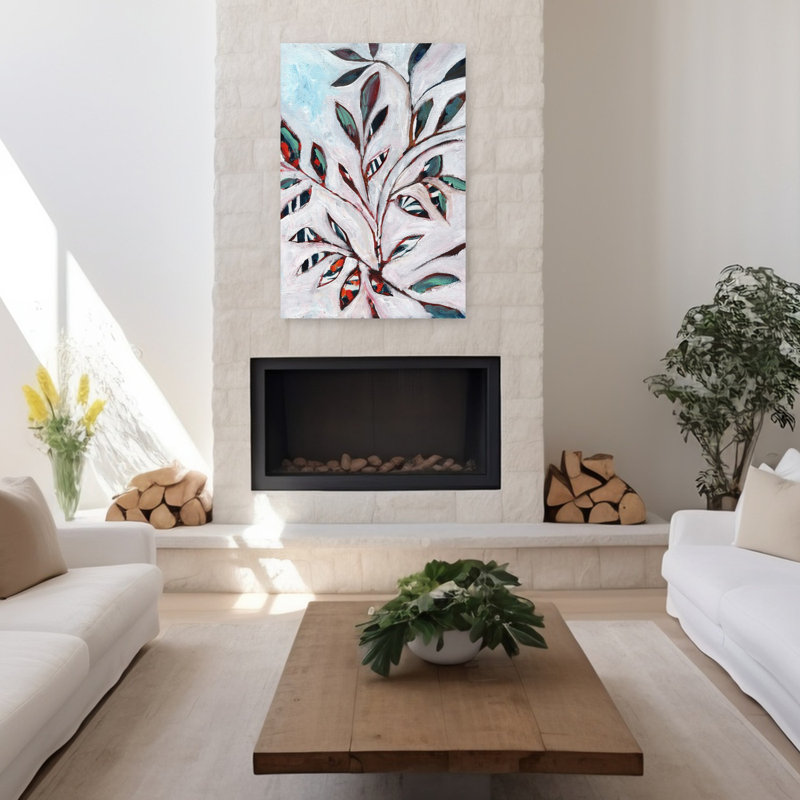 Art mural abstrait coloré à motif de feuilles colorées et audacieuses, 48" H x 32" W