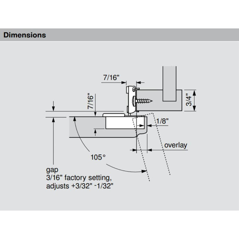 7/16 inch Overlay 38N Compact 105 Degree Face Frame Concealed Hinge [Press-in]