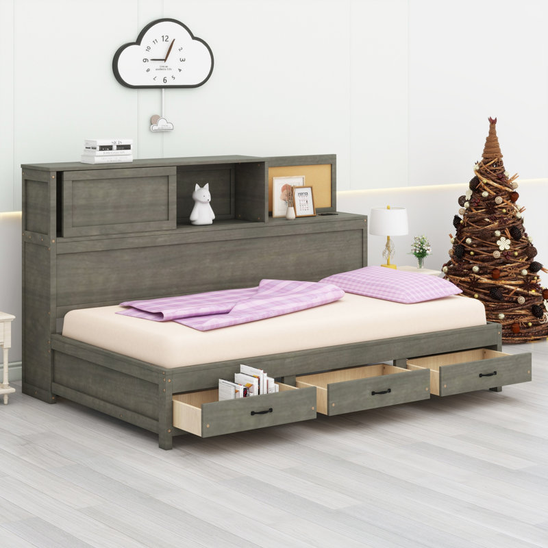 Daybed With 3 Storage Drawers, Upper Soft Board, Shelf, And A Set Of Sockets And USB Ports, Gray