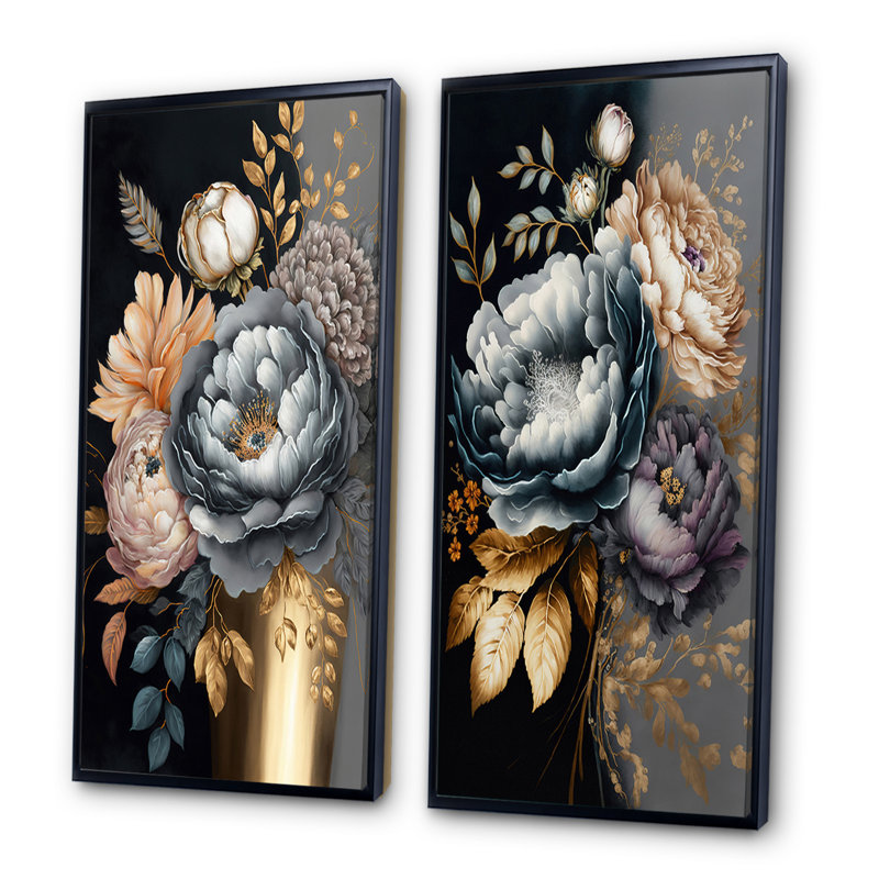 «Blue Blooming Bouquet II», 2 pièces sur toile, H 32 po x l 32 po, Cadre noir