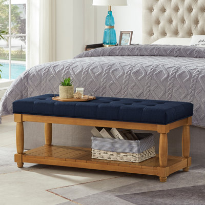 Banc rembourré en lin avec tablette de rangement, repose-pieds capitonné pour la chambre à coucher et le vestibule, pieds en bois massif