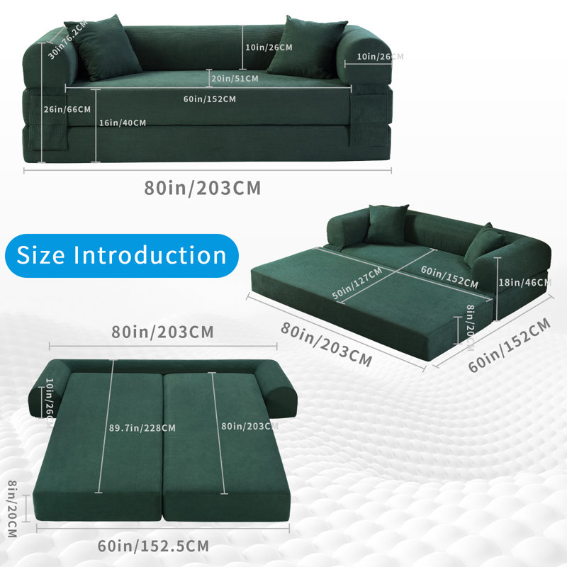 Boneless Sofa-in-a-Box, Convertible Sleeper Sofa Bed, Memory Foam 3-Seater Couch,No Installation & Easy to Transport, Deep Seat Modern Sofa with Corduroy Fabric, Couch for Living Room, Bedroom, Apartment, Home Office,
