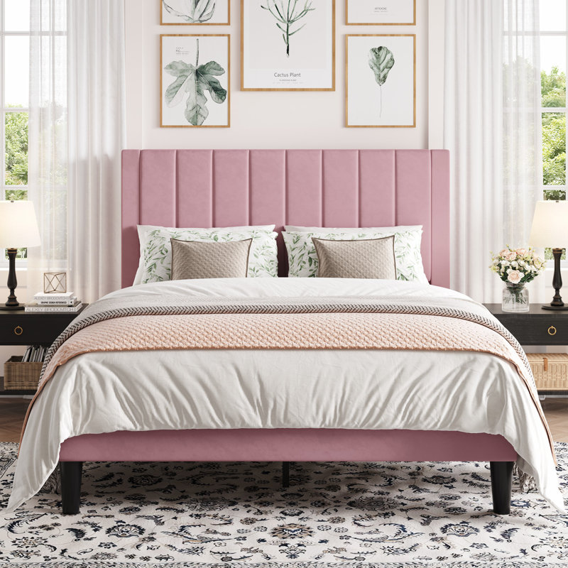 Velvet Upholstered Platform Bed With Headboard & Wooden Slats, Queen, Light Pink