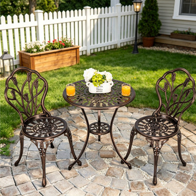 Ensemble de 2 tables bistro et chaises bistro d'extérieur 3 pièces bistro en aluminium coulé à motif tulipe pour balcon de jardin, résistance à la rouille durable (bronze)