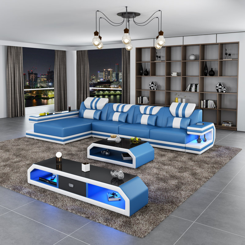 Lightspeed Modular Sectional, Blue/White Genuine Leather, Left Hand Facing