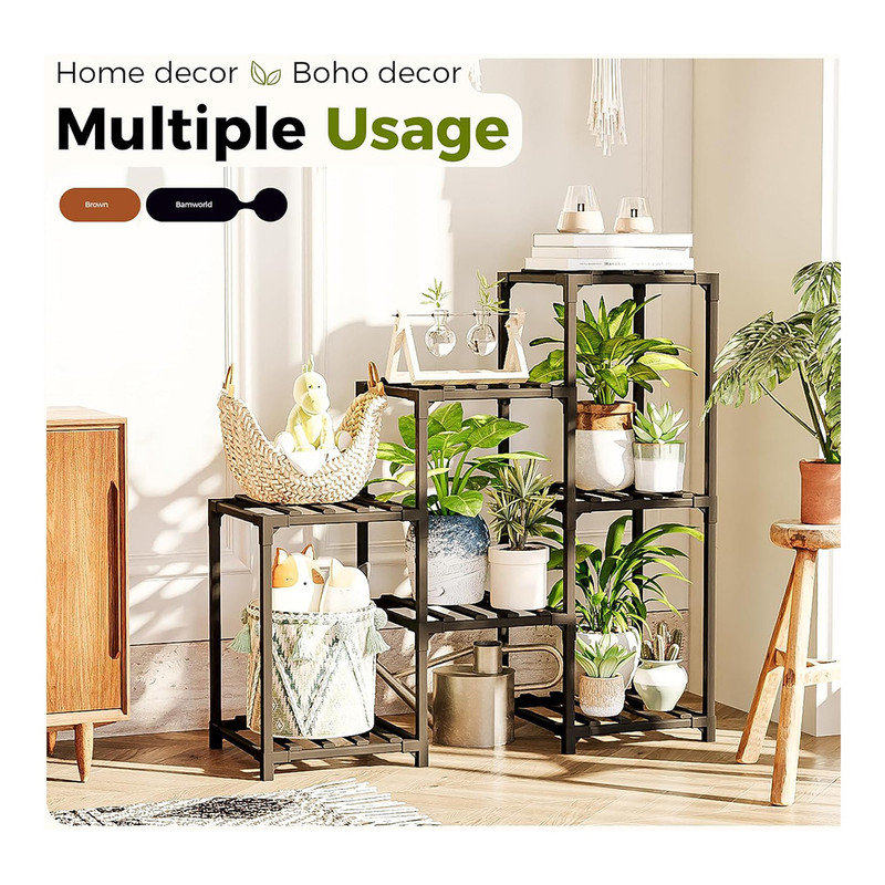Black 3-Tier Bamboo Ladder Plant Stand for 7 Pots