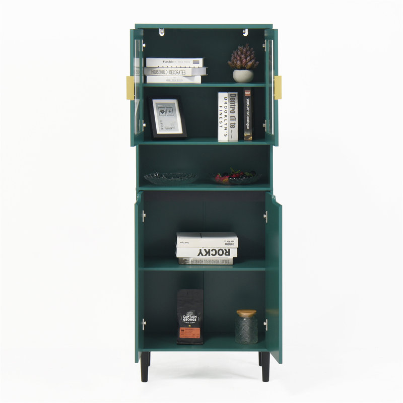 Tempered Glass Door Tall Storage Bookcase With Adjustable Board, Green