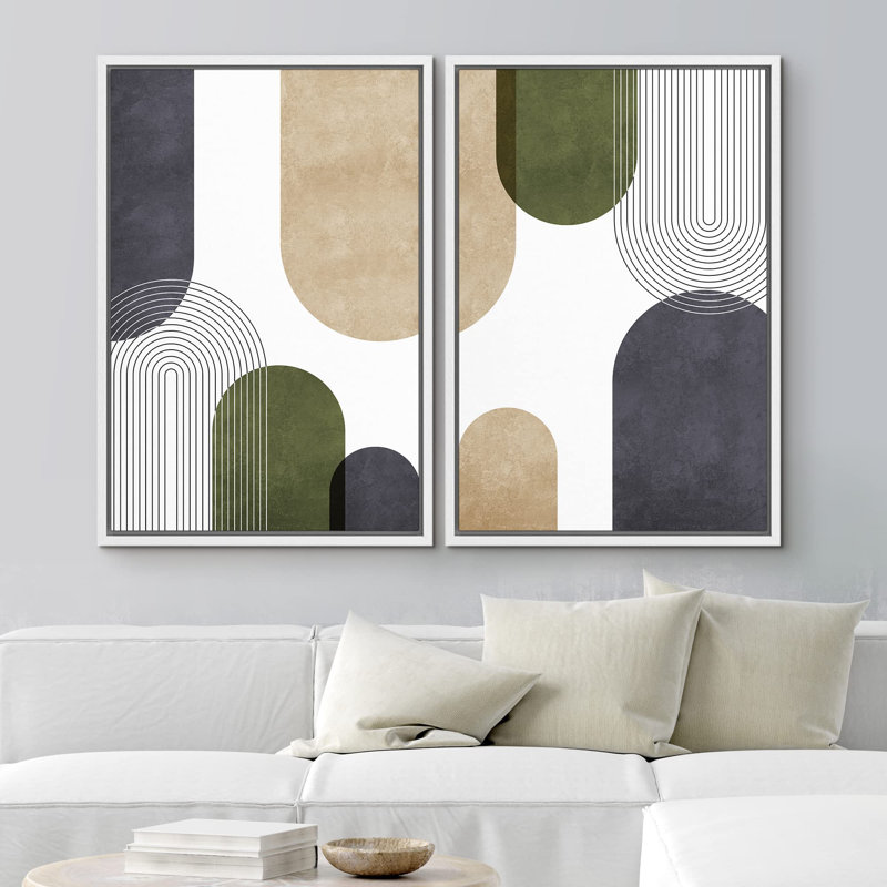 Nordic Shapes " Geometric Green, Tan And Black Polygon Collage Abstract Shapes Modern Bohemian Relax Calm " 2 - Pieces, White