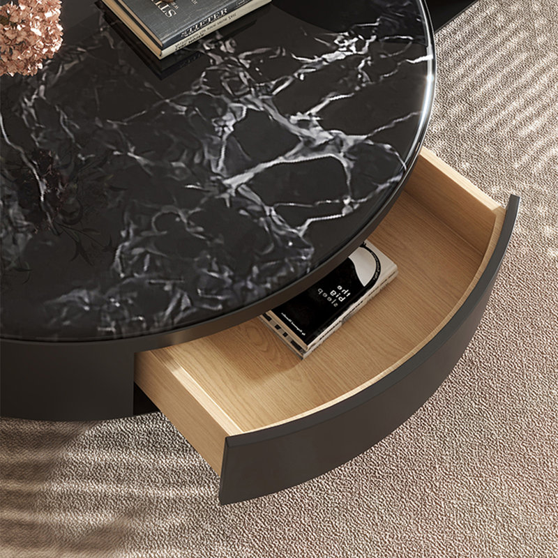 Table basse ronde en pierre supercristalline, H 13 po x L 35,4 po x l 35,4 po, Noir, noir, noir, noir
