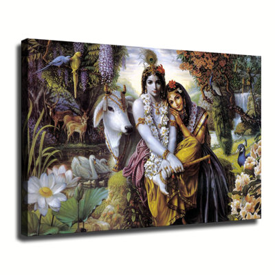 Radha Krishna Carrying His Cow and Flute by The River Canvas Wall Art Framed Ready to Hang Living Room Bedroom Home Decor