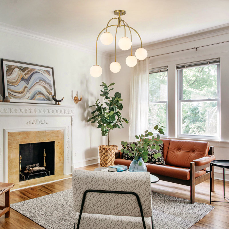 6-Light Mid-Century Weeping Willow Milk Glass Chandelier