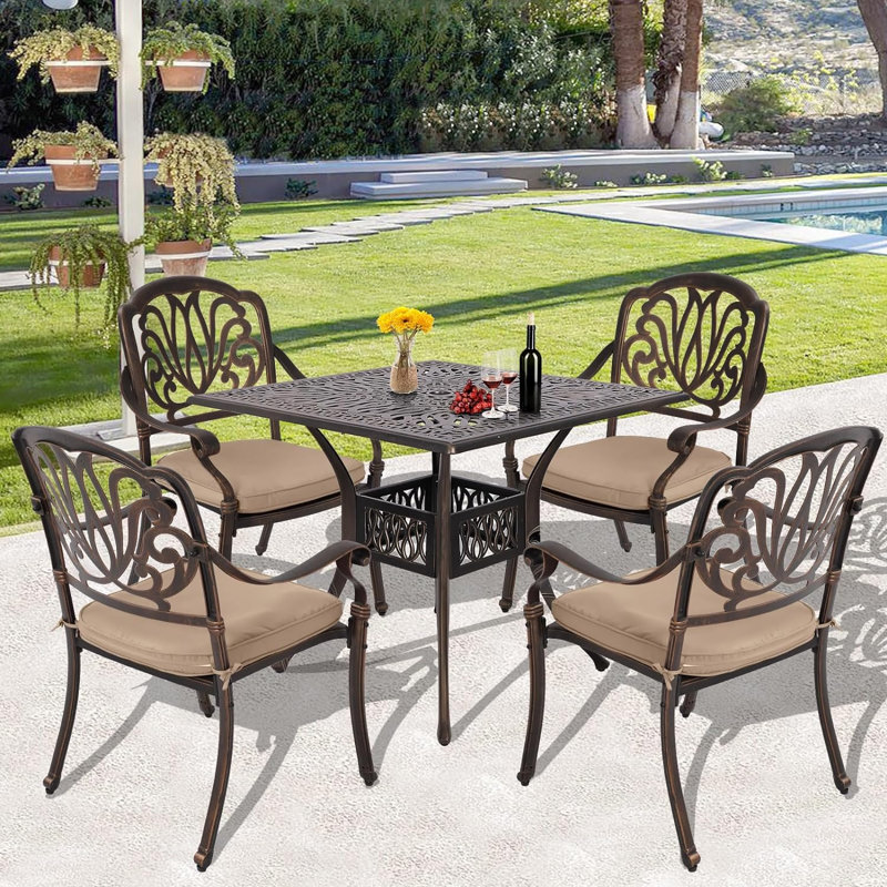 Asuman 4 - Person Patio Dining Set Umbrella Hole Included Square Table with Cushions Included, Beige