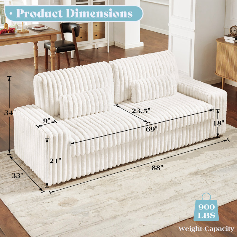 88 Inch Modern Couch, 3 Seater Sofa Couch with Lumbar Pillows and Armrests, Comfy Sofa- Cloud Sofas for living Room, White