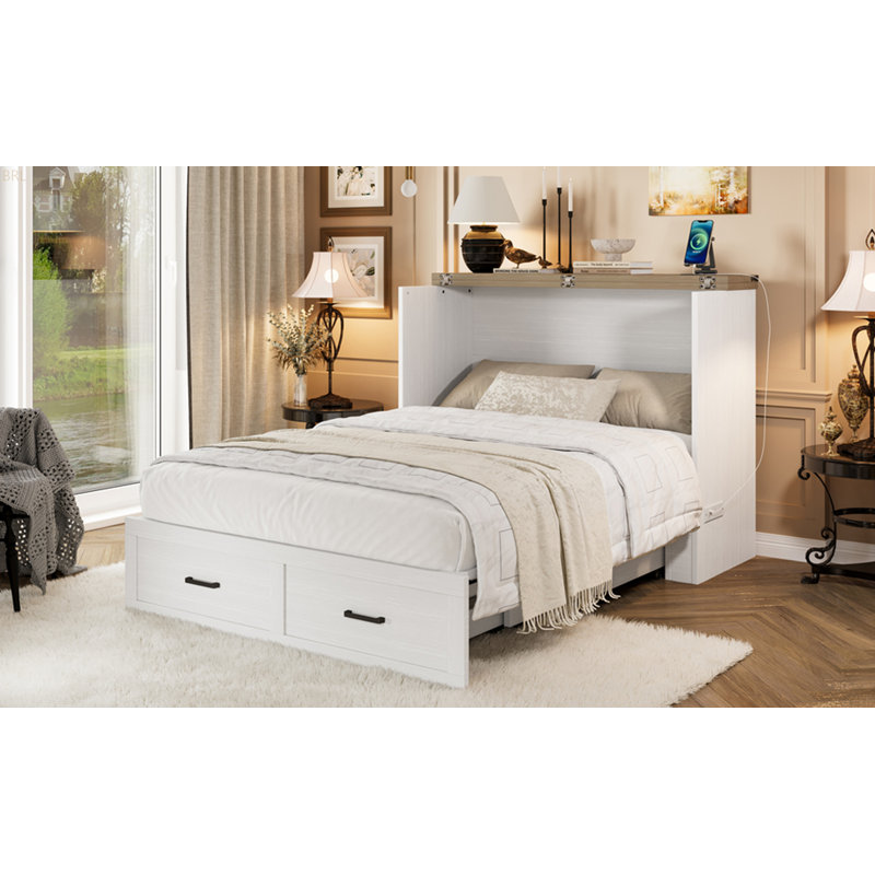 Armoire lit escamotable Murphy avec station de charge, lit plateforme pliable multifonctionnel avec 1 grand tiroir de rangement pour chambre d'amis, petite chambre