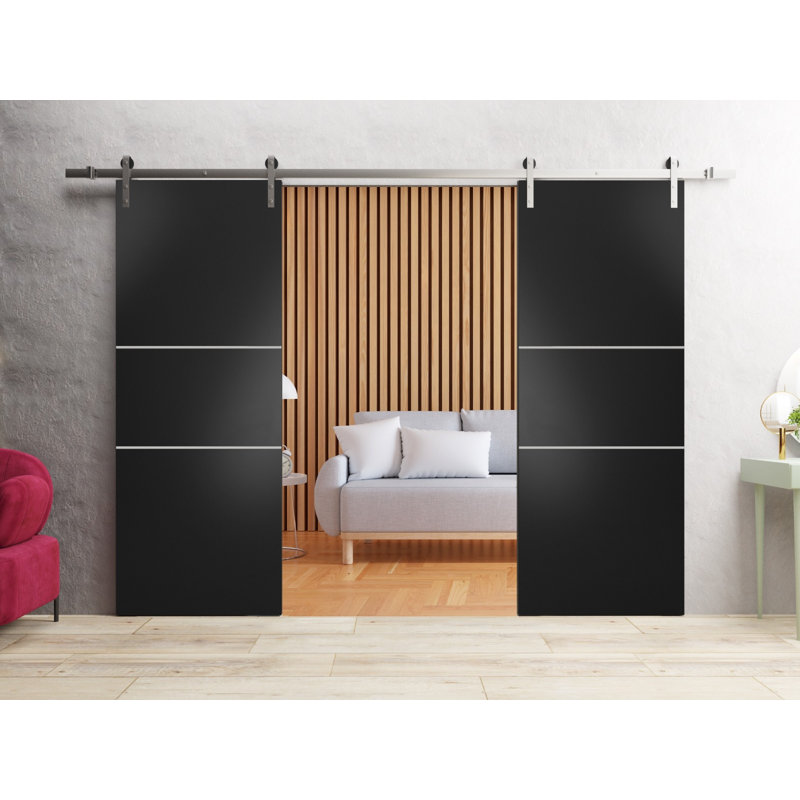 Porte de grange à panneaux en bois, Noir mat / Chrome, 56 po x 80 po