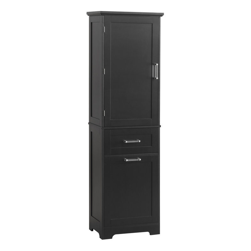 Freestanding Tall Bathroom Storage Cabinet Of Black Painted Finish, Two Different Size Drawers, Adjustable Shelf And - Toppling Installation For Home With Shelf, Slide Rails Feature
