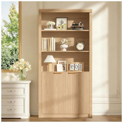 Book Shelf and Bookcase Wooden Bookcase with Doors Modern Book Case with Large Storage Cabinet 5Shelf Bookcases with Adjustable Top Shelf for Home Office