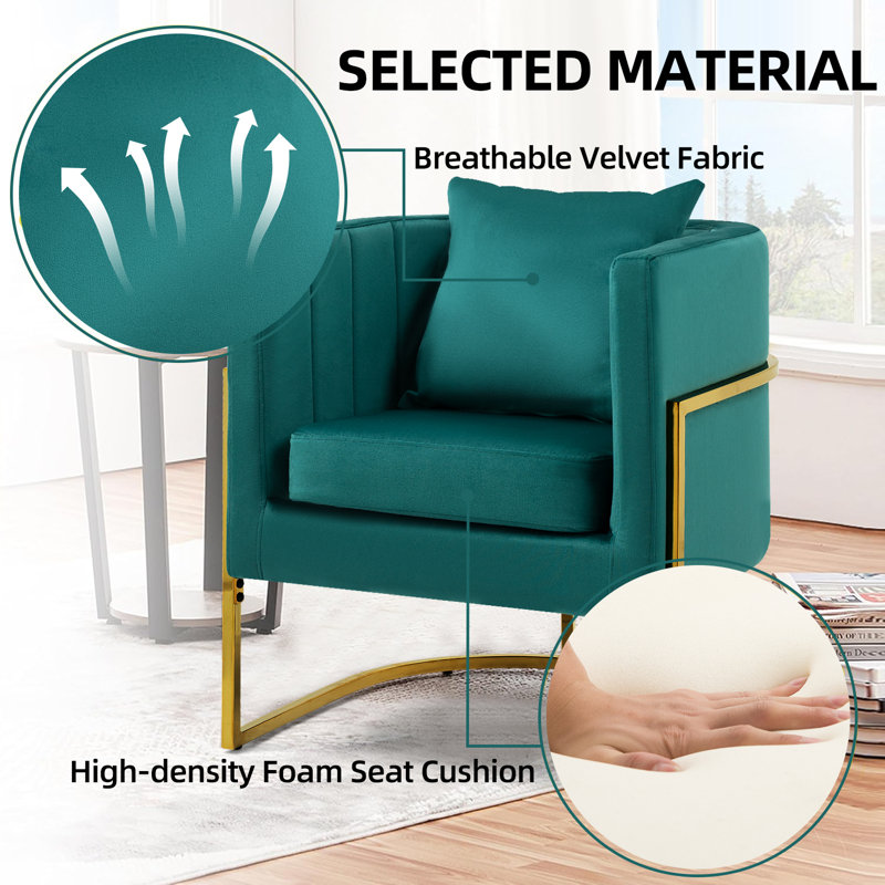 Fauteuil d'appoint demi-tonneau en velours avec coussin, Vert