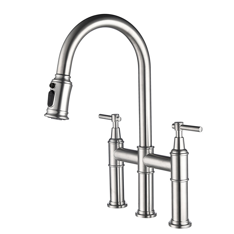 Brushed Nickel Pull-Down Kitchen Faucet. Precise Regulation Of Flow And Temperature Via Dual Handles. 360-Degree Rotating High Nozzle For Enhanced Sink Usage. Brass Silent Splash- Water . Three