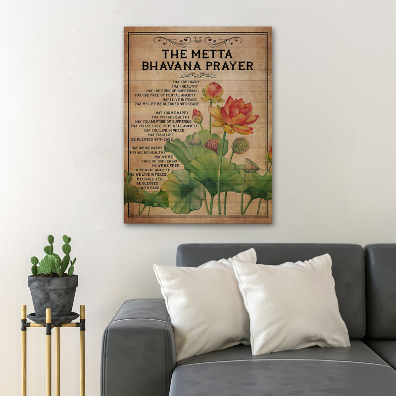 Lotus and the Poem Beside - The Meta Bhvana Prayer - 1 pièce, reproduction d'art graphique sur toile tendue