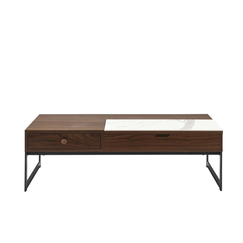 Faye Transitional Rectangular Lift-Up Coffee Table In Walnut Finish With Sintered Stone Panel, Black