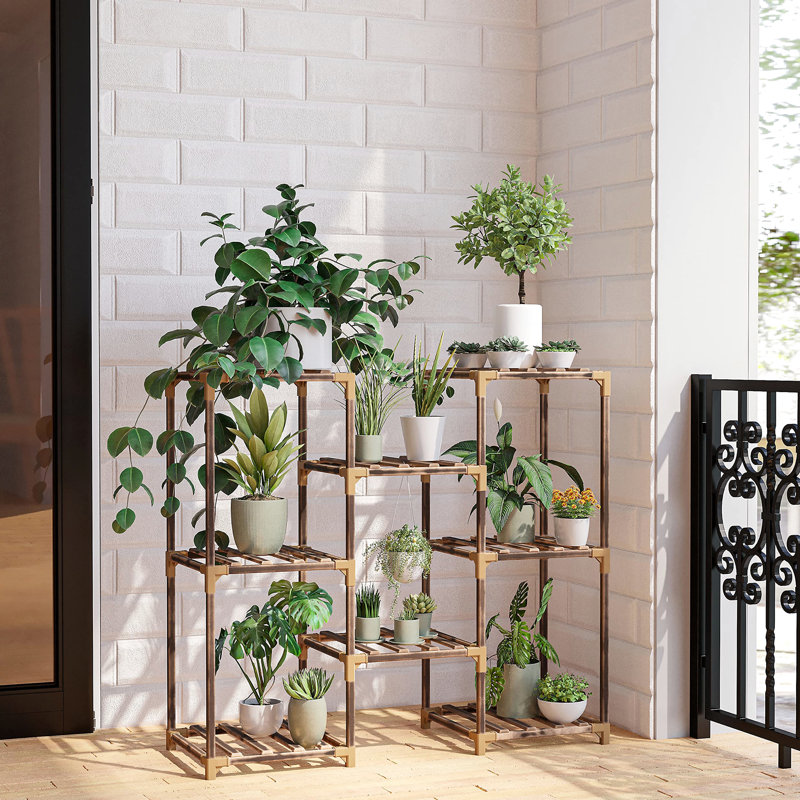 Wood Plant Display Stand - For Multiple Plants Indoor & Outdoor Stable Construction Easy Assembly No Tools Required