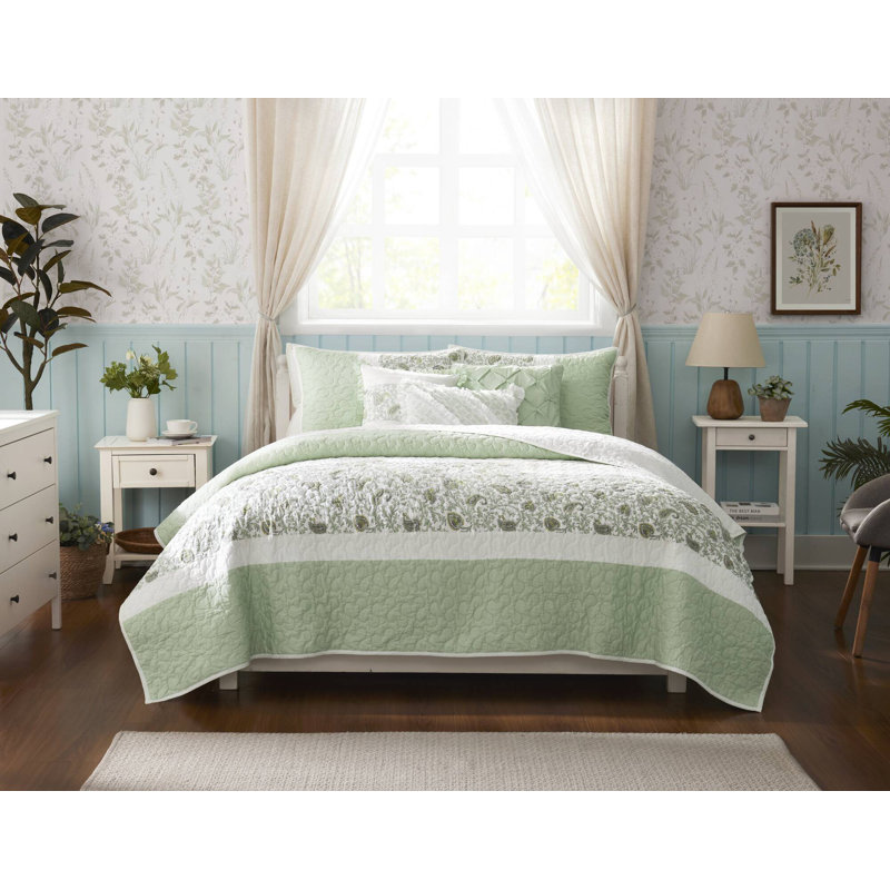 Full Cotton Percale Reversible Quilt Set in Blush and Sage Green
