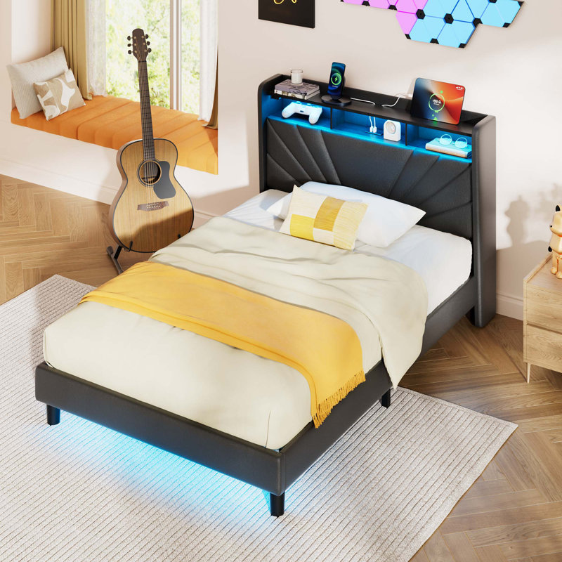 Upholstered Platform Bed with Storage, USB Charging & LED Lights - Twin/Full/Queen/King Size Wingback Design with Wooden Slats