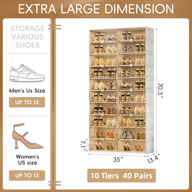  10 Tiers Foldable Shoe Rack Organizer Cabinet For Closet Entryway, Large Collapsible Shoe Storage Box With Magnetic Doors Fits Up To 40 Pairs