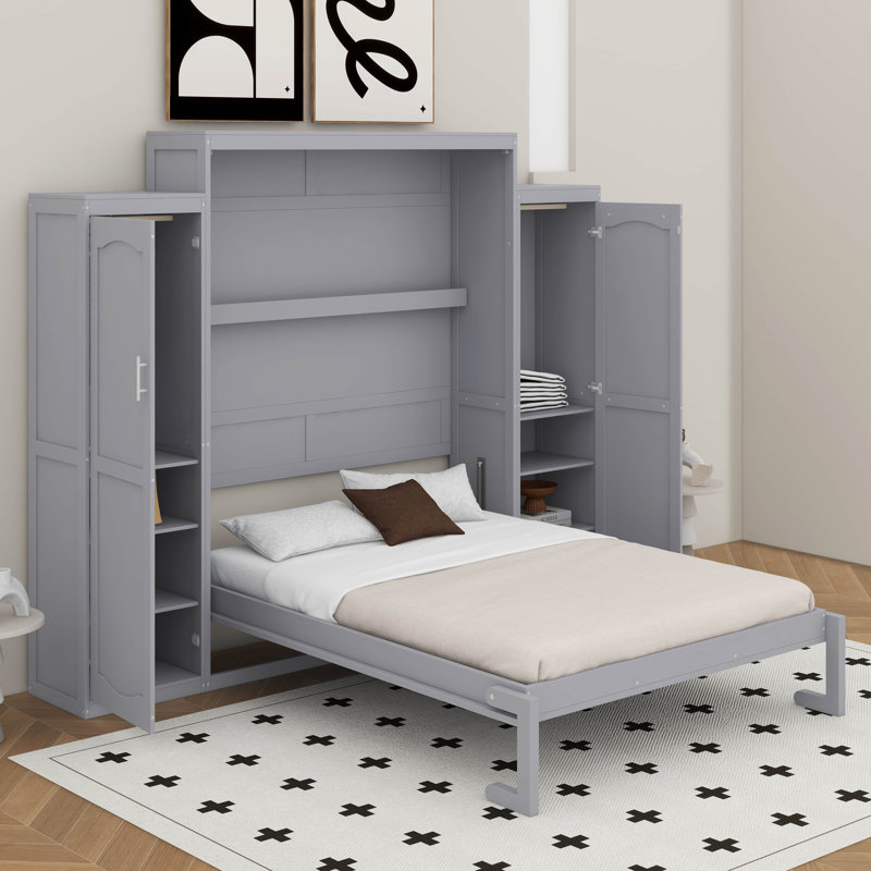 Lit escamotable avec 2 garde-robes et tablette de rangement, Gris, Grand lit