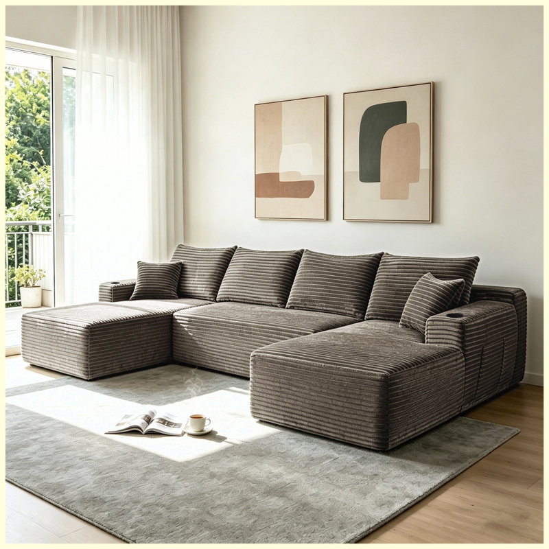 Canapé modulaire 133 po en forme de U avec nuage, siège modulaire rembourré en tissu moelleux sans assemblage requis, porte-gobelets intégrés, poches de rangement latérales pour le salon, chameau