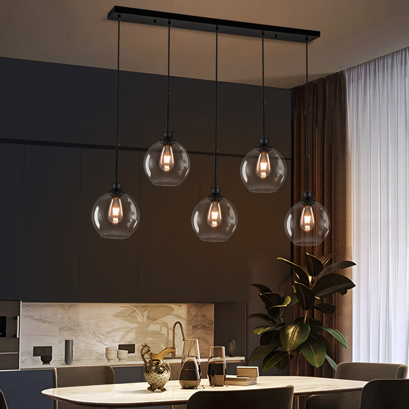 Concow 5-Light Matte Black Kitchen Island Pendant With Clear Globe Glass, Transparent