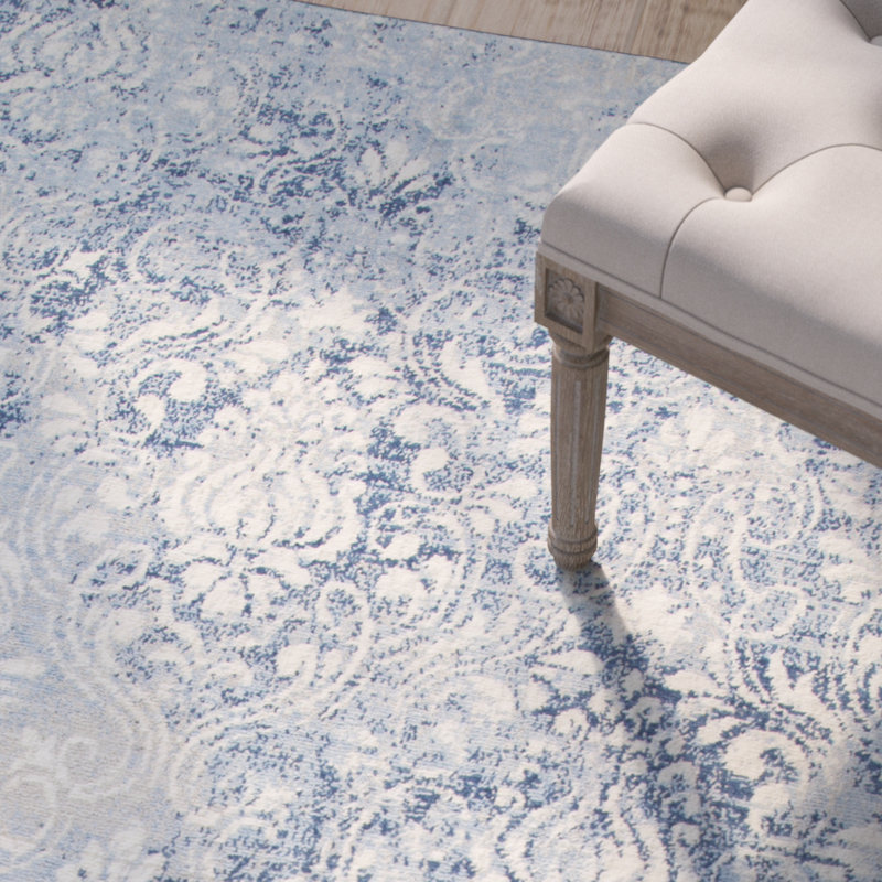 Tapis gris clair / bleu en laine Thora, Tapis de couloir 2 pi 6 po x 8 pi