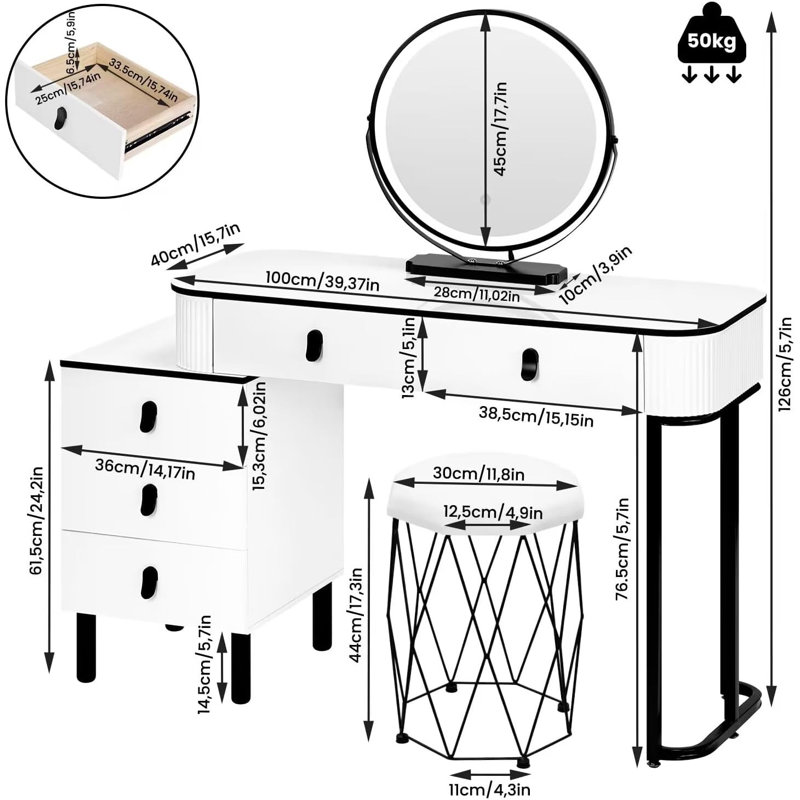 Nitza Dressing Table with Mirror, White/Black