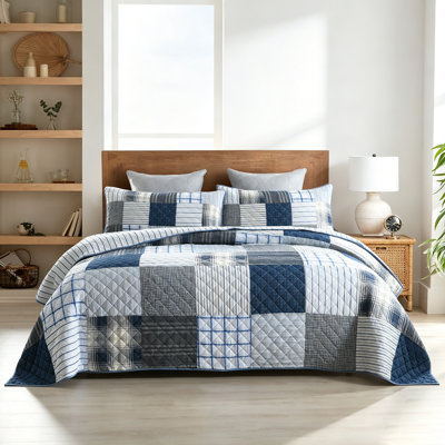 100% Cotton 3-Piece Patchwork Quilt Sets, Real Stitched Embroidery Bedspread, Reversible Bedspread Lightweight and Breathable for All Seasons, Soft Quilted Bedspread with 2 Pillow Shams, King Size