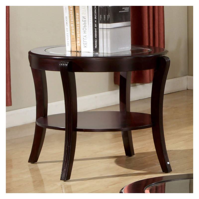 Table de bout Contemporary Espresso avec plateau en verre biseauté et tablette inférieure en bois massif