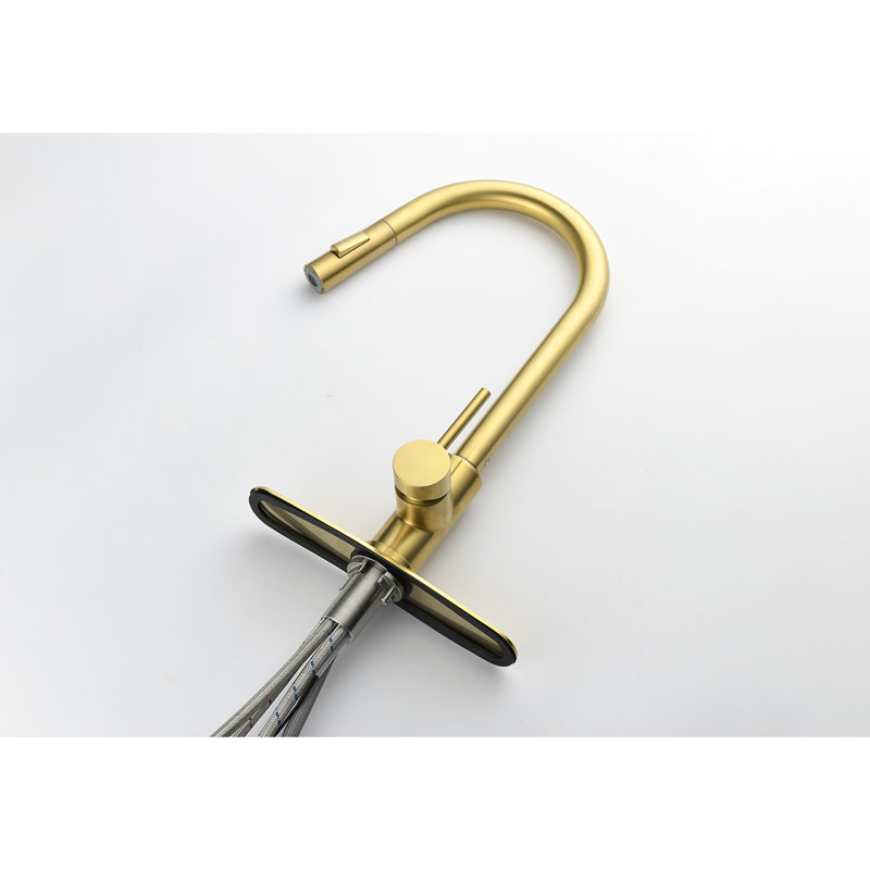 Stainless Steel Kitchen Faucet With Pull Down - Brushed Gold Finish, 360 High Arc Nozzle, Two Water Outputs, Single Handle For Temp & Flow, Corrosion/Rust, 15.97In Depth, 10.07In Width, 8.76In