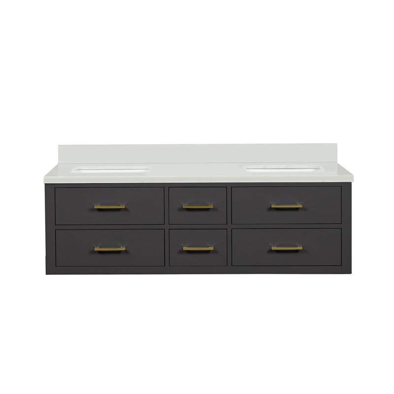 60" Wall-Mounted Double Bathroom Vanity Set, White Quartz, Black
