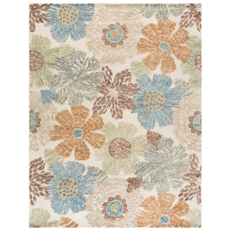 Jardin 806 laine touffetée à la main à 80%; Tapis floral 20% coton, Rectangulaire 8 pi x 10 pi