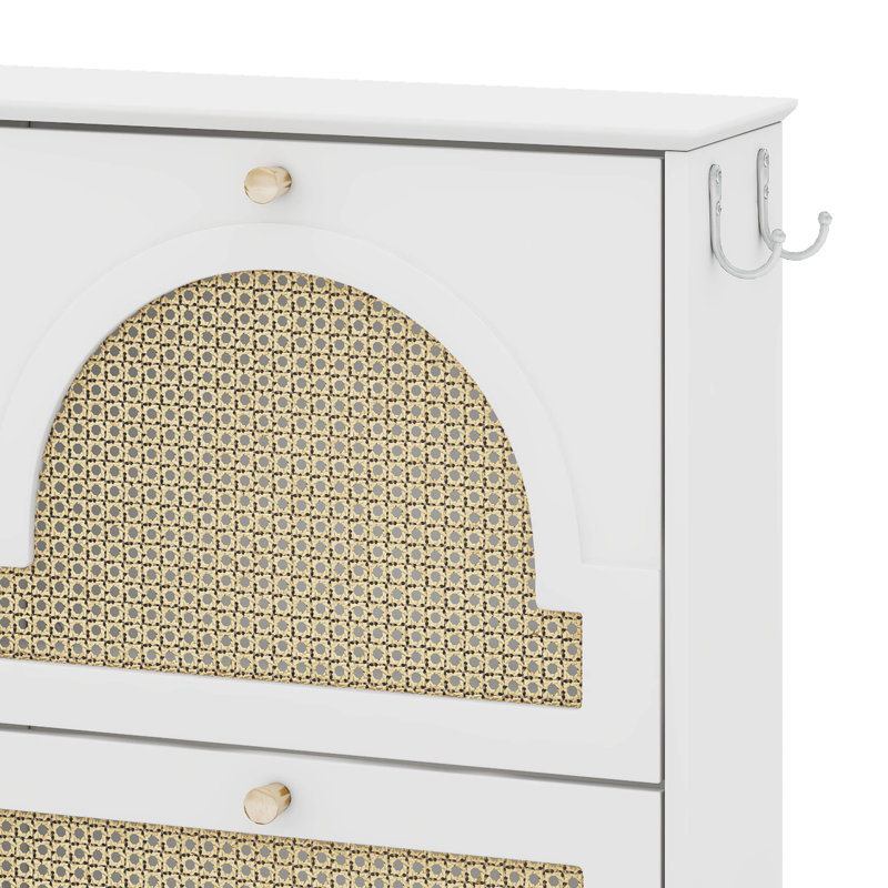 Mid-Century Modern Narrow Shoe Cabinet With 4 Flip Drawers & 4 Rattan Doors, White