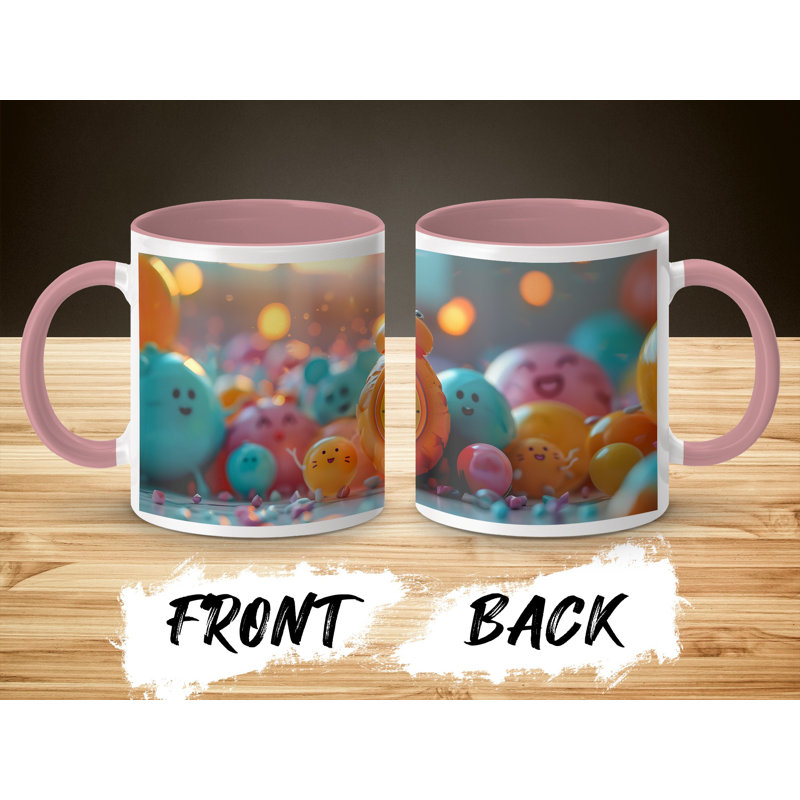 Set of 2 Colourful 3D Design 11oz Accent Mugs – White Ceramic Coffee Cups with a Pink Handle and Interior
