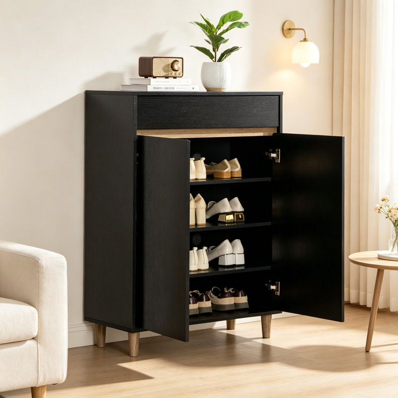 Armoire de rangement polyvalente pour chaussures avec un tiroir, deux portes et quatre tablettes pour une vie organisée, Noir