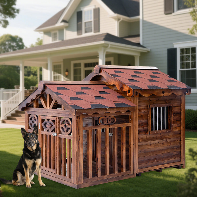Niche pour chien d'extérieur en bois massif avec cage de patio, H 59 po x l 86 po x P 59 po