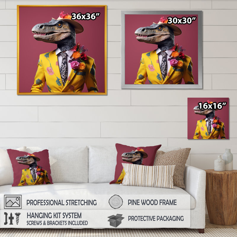Dinosaure rose et jaune en costume - art de mur de dinosaure, Cadre simple noir, H 36 po x l 36 po x P 1,5 po