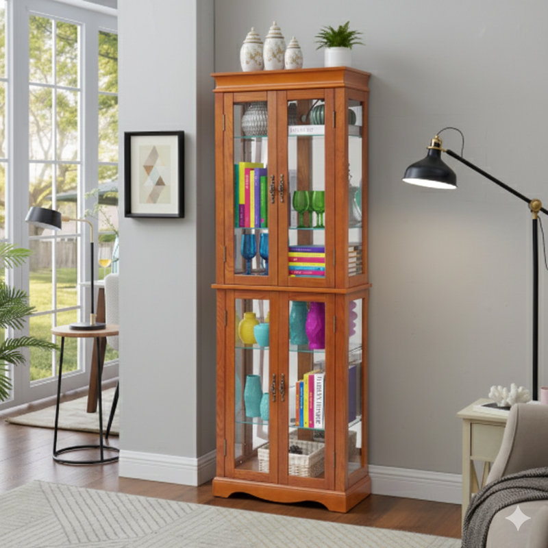 Illuminated Glass Curio Display Cabinet, Glass Showcase Storage Unit, Glass Wine Cabinet With Wood Frame For Toy Display In Living Room, Kitchen, Or Pantry, Includes Light Bulb, In Oak