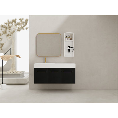 Meuble-lavabo de 48 po, support de rangement, lavabo gauche en résine à bords épais, charnières à fermeture douce, style moderne, armoire principale en châtaignier noir, flamme