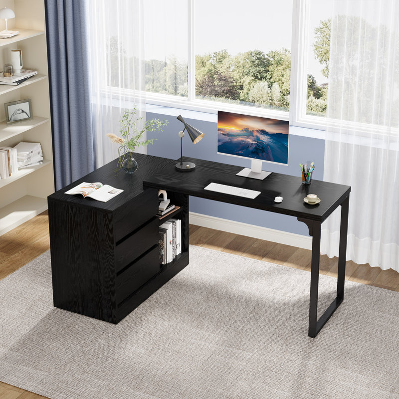 Bureau d'ordinateur en L à 3 tiroirs Philipe, Noir