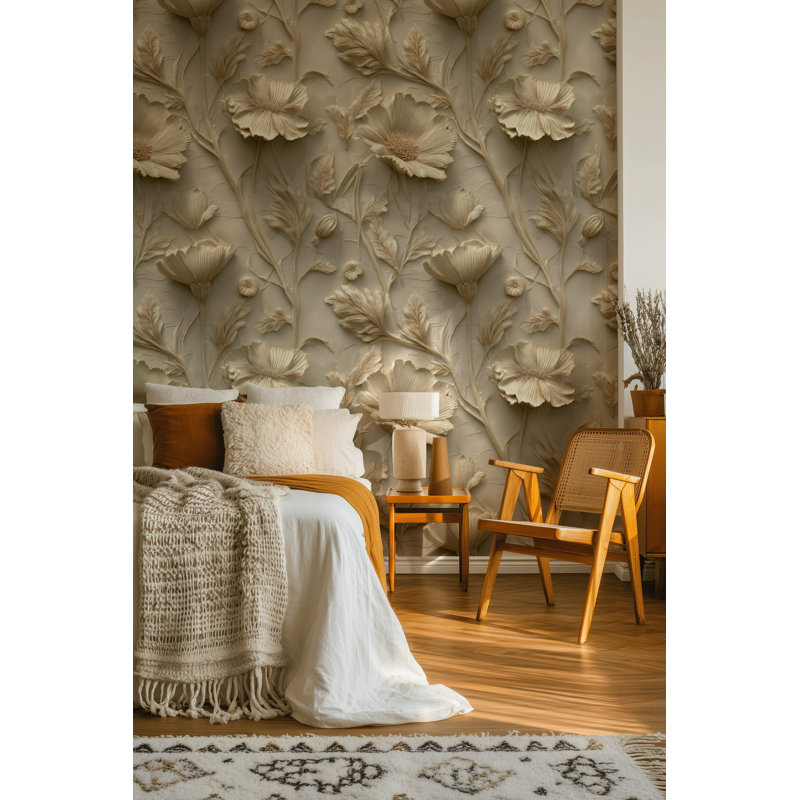 Papier peint floral 3D beige à peler et coller texturé