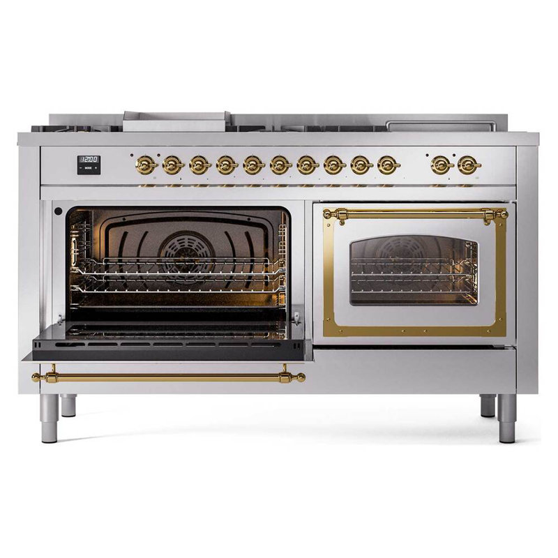 ILVE Nostalgie II Noblesse 60 inch Dual Fuel Range  (7 Sealed Burners + Griddle + French Top, Triple Glass Door, RAL), Brass