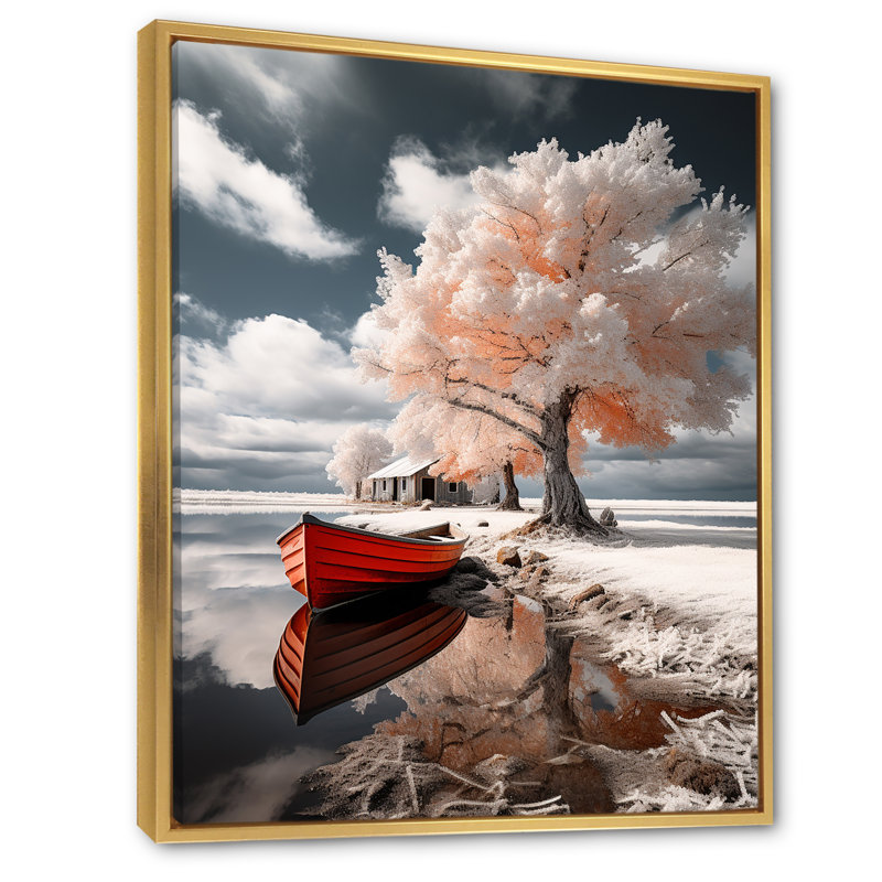Bateau sur toile Larnette, Suède rouge, Suède, Cadre flottant doré, H 32 po x l 16 po x P 1 po